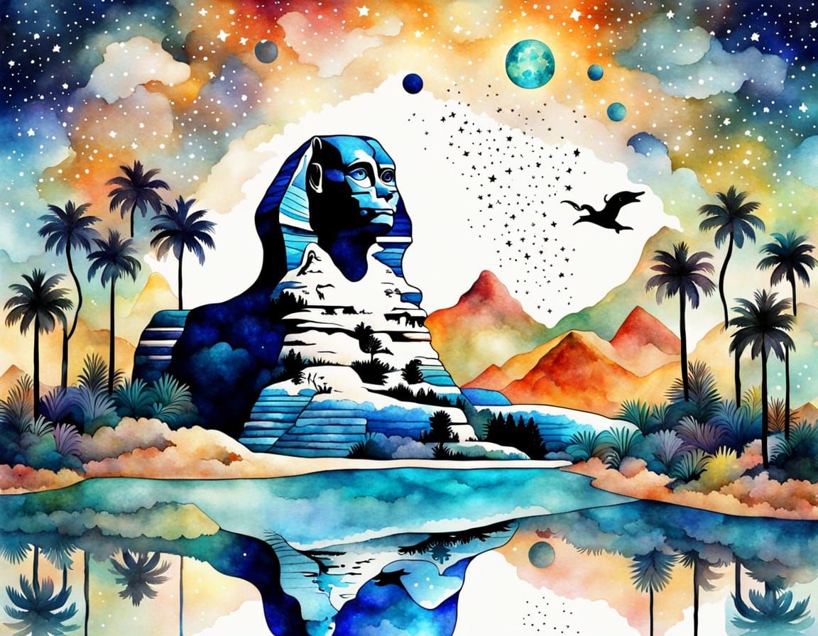 Surreal Sphinx Merging Forest, Ocean, and Beach