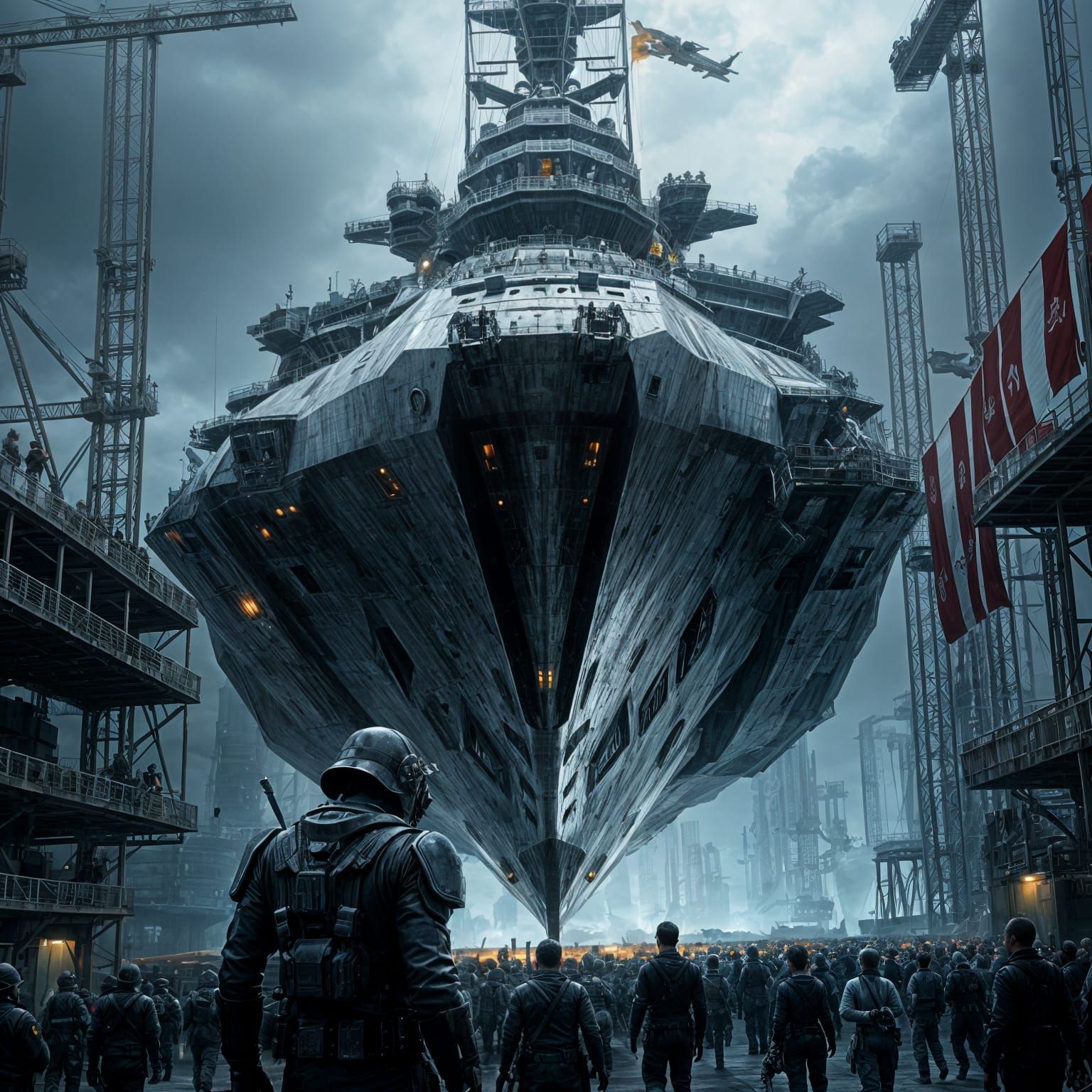 Battle-Hardened Sci-Fi Warship in Industrial Dockyard