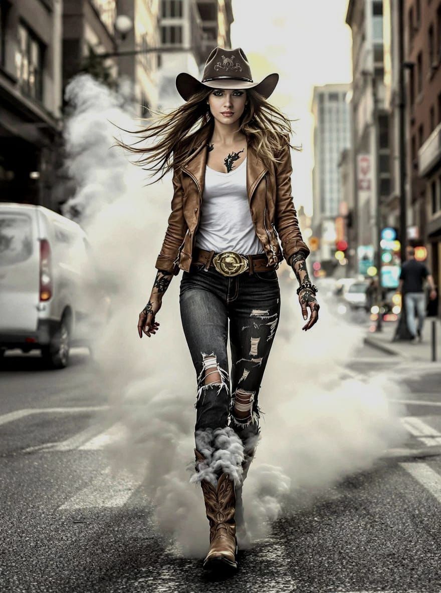 Urban Cowboyette in Moody Cityscape