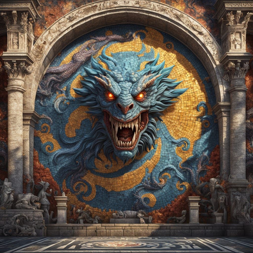 Surreal Winged Monster in Ancient Mosaic Style