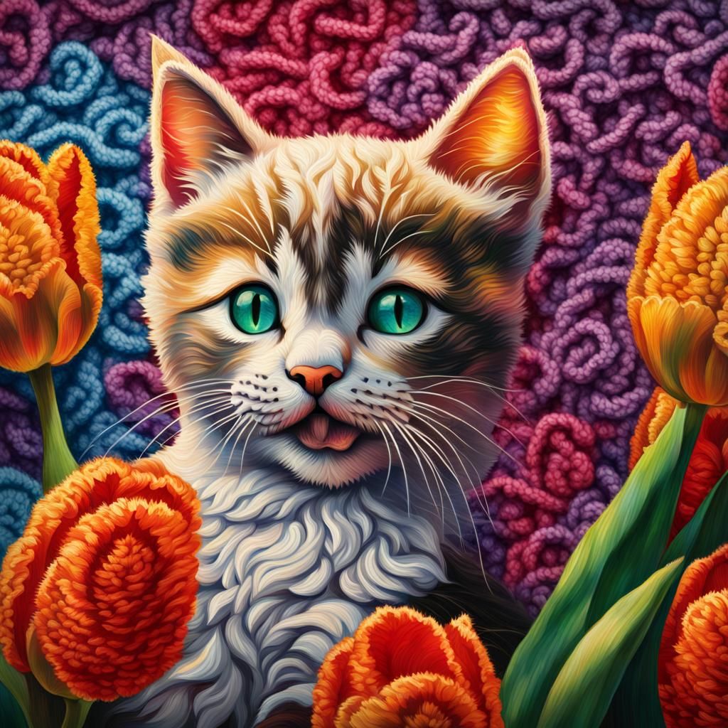 Hyperrealistic Crocheted Kitten and Tulips Splash Art
