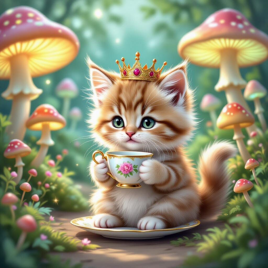 Fluffy Kitten with Crown Sips Tea in Magical Mushroom Garden