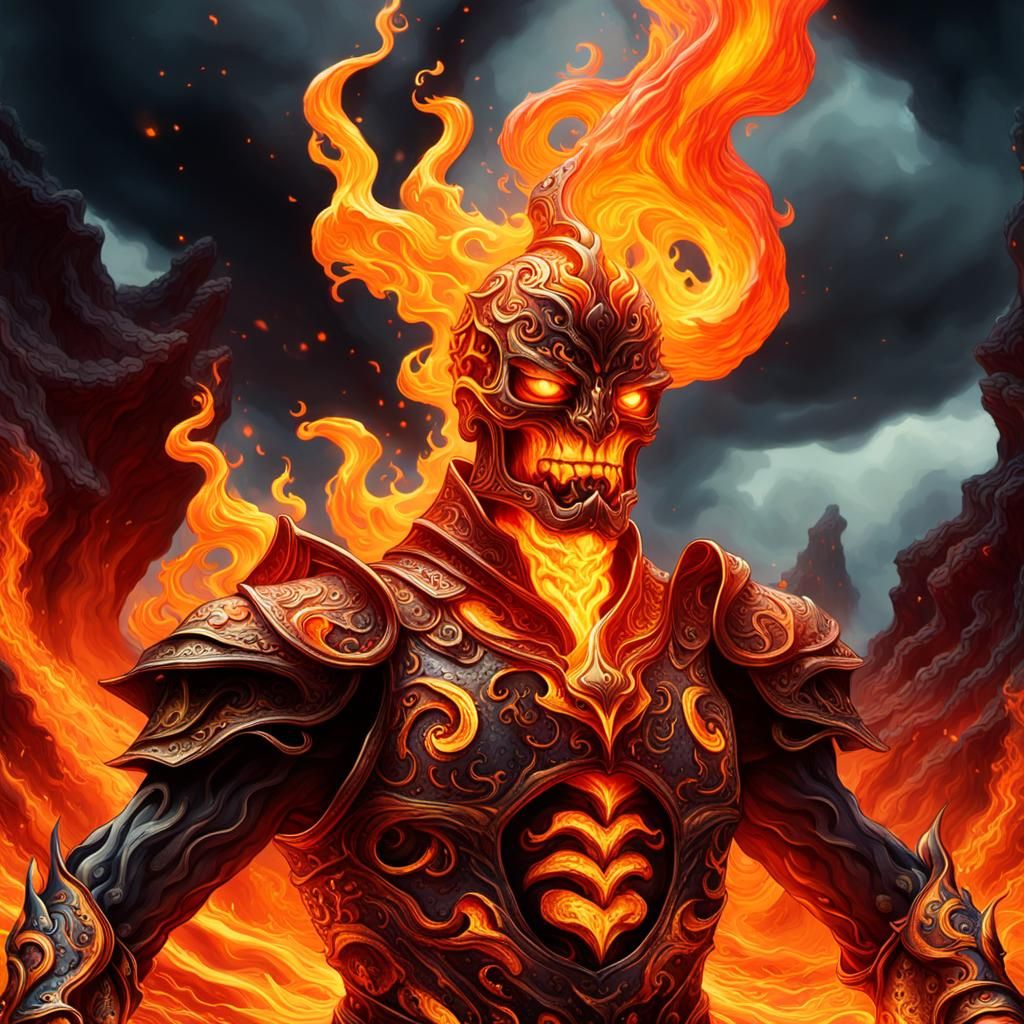 Fiery Surrealism: Elemental and Warrior in Flames