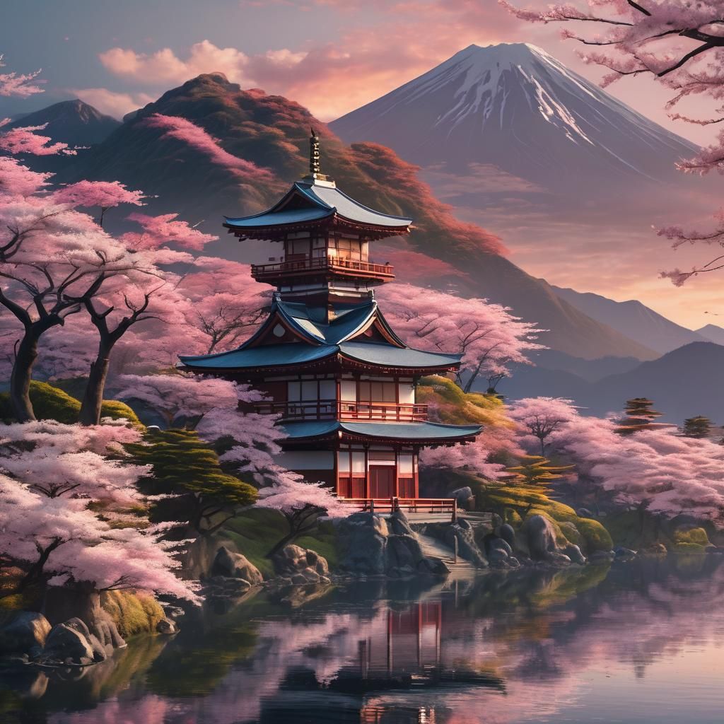 Tokyo Hillside Temple under Golden Sunset with Mt. Fuji