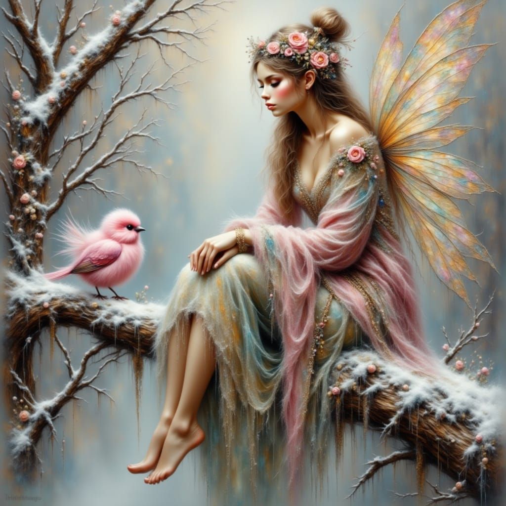 Fairy on Snowy Branch with Bird, Whimsical Style