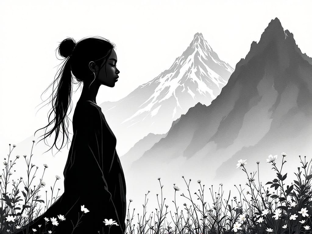 Ebony Skinned Girl in Japanese-Inspired Ink Drawing