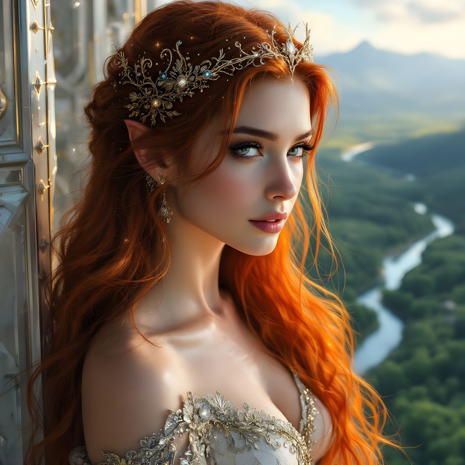 Elven Queen Surveys Kingdom in Art Nouveau Style