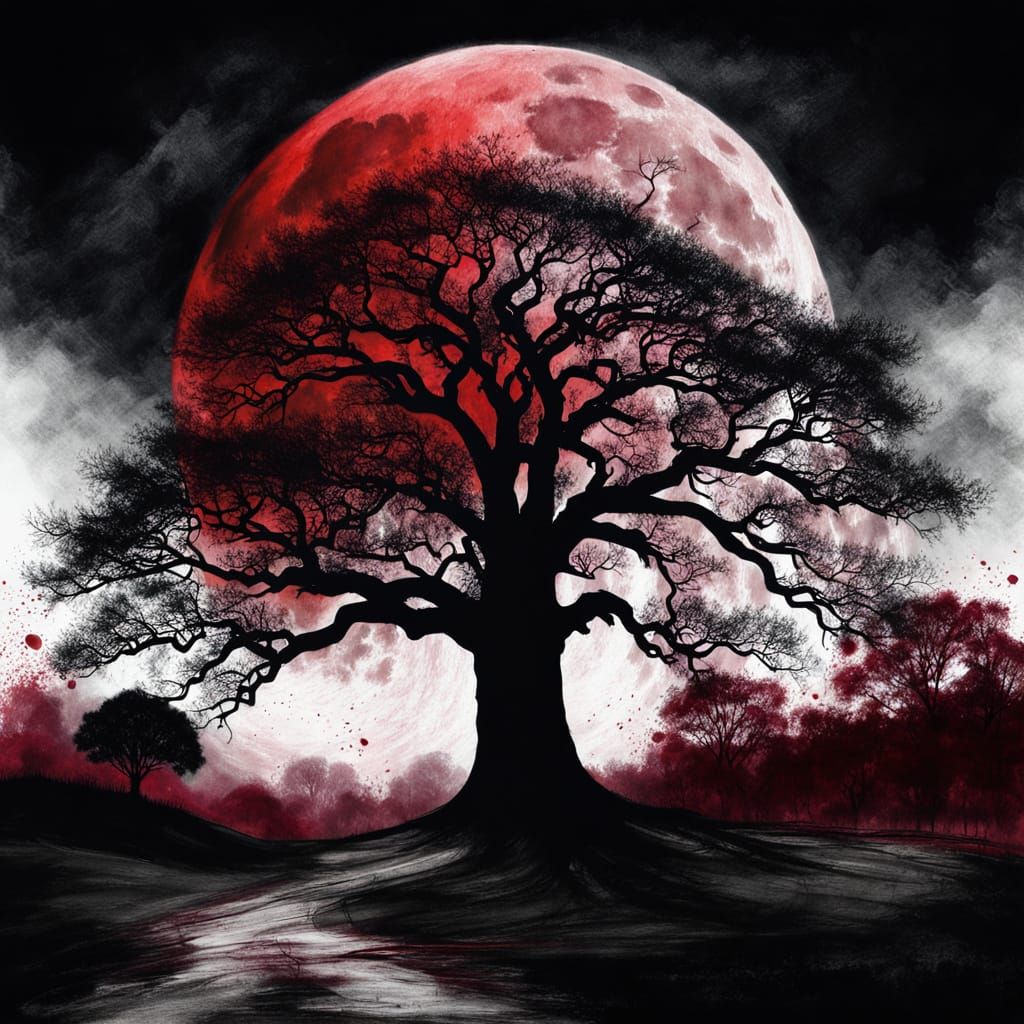 Oak Tree Under Blood Moon: Moody Charcoal Painting