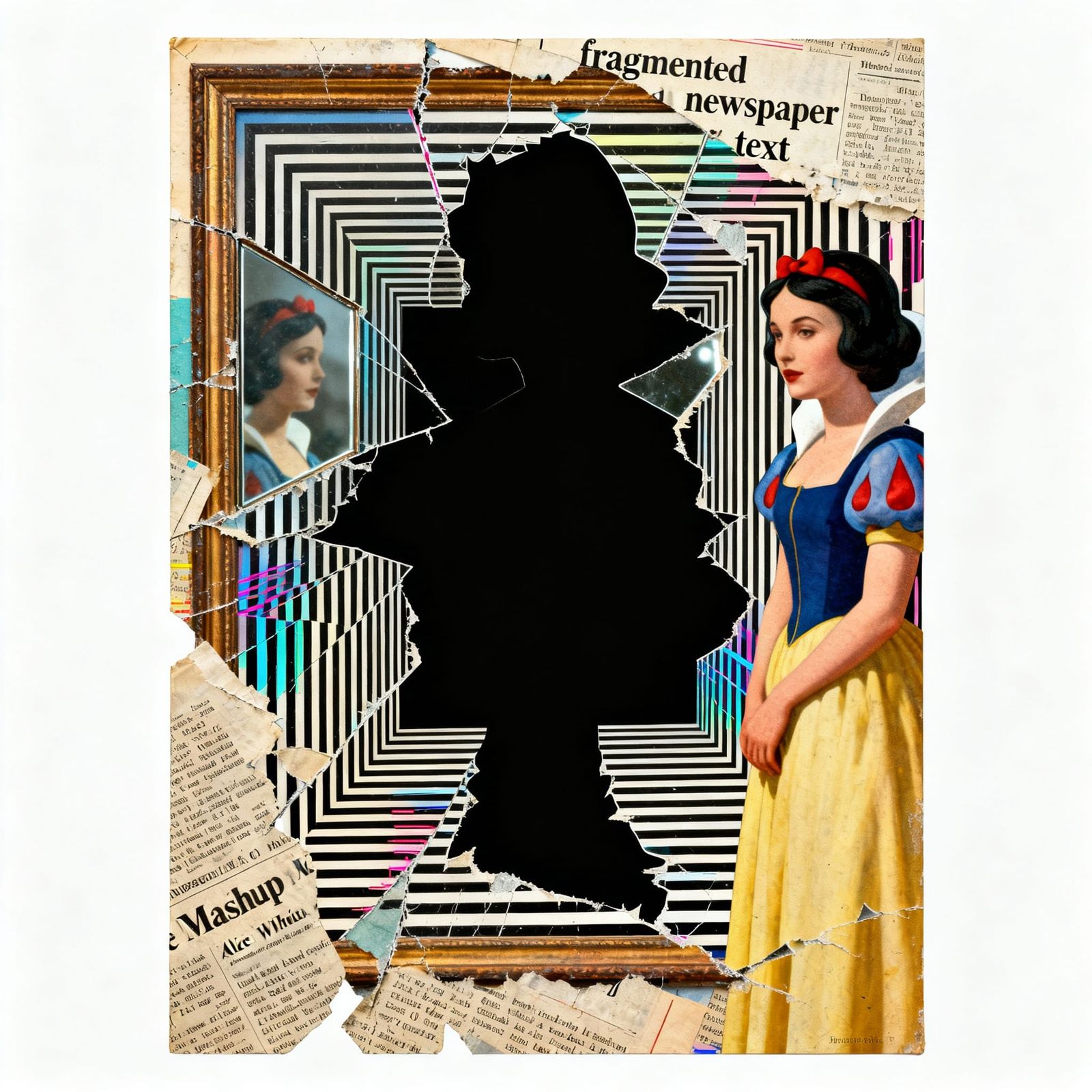 Surreal Collage of Fragmented Text and Mirrors