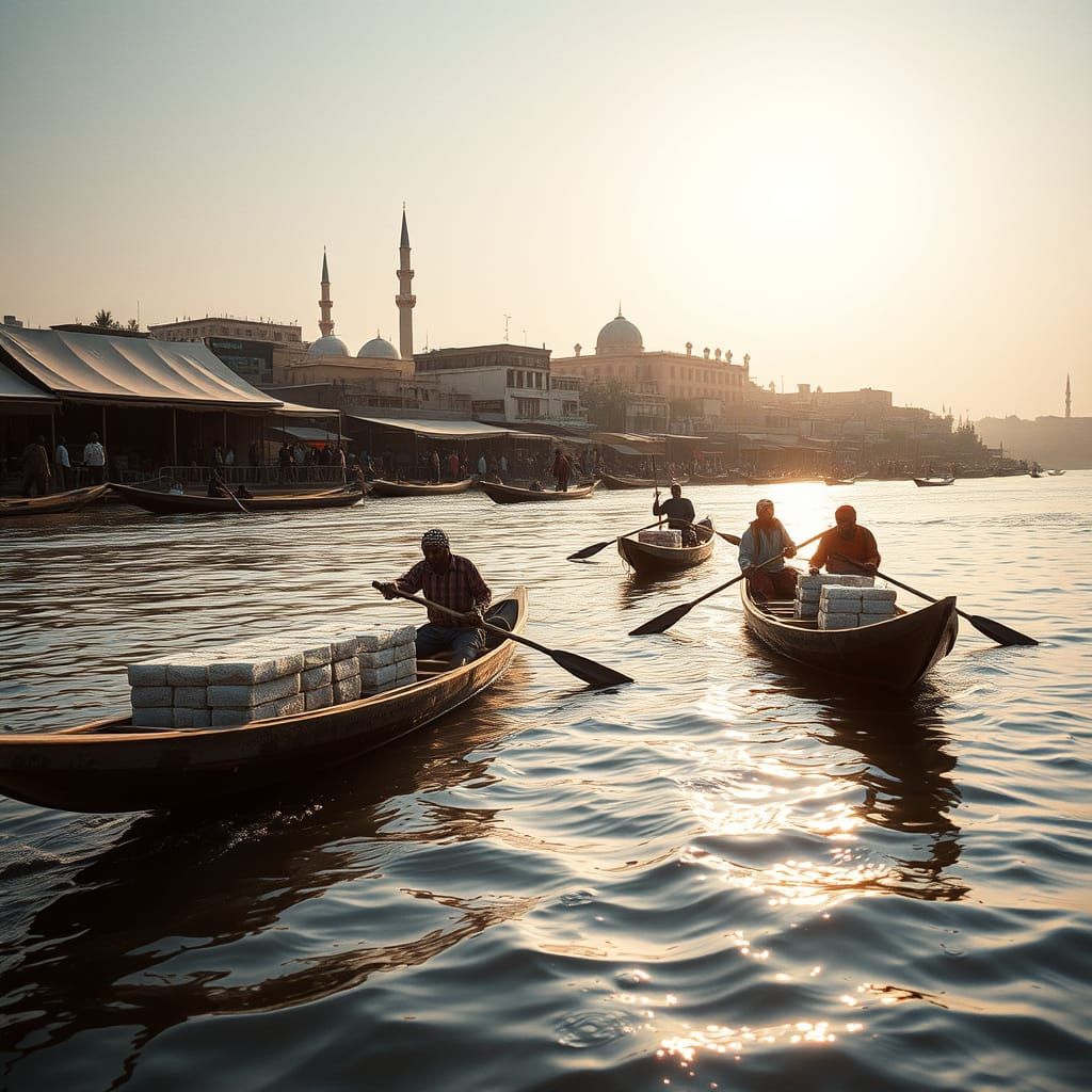 Malian Traders on Niger River in Ultrarrealistic Style