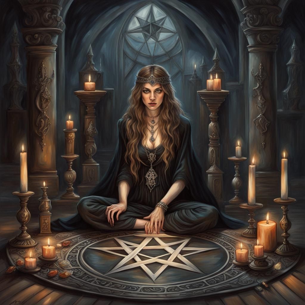 Dark Fantasy Sorceress Conjuring Magic in Oil Painting