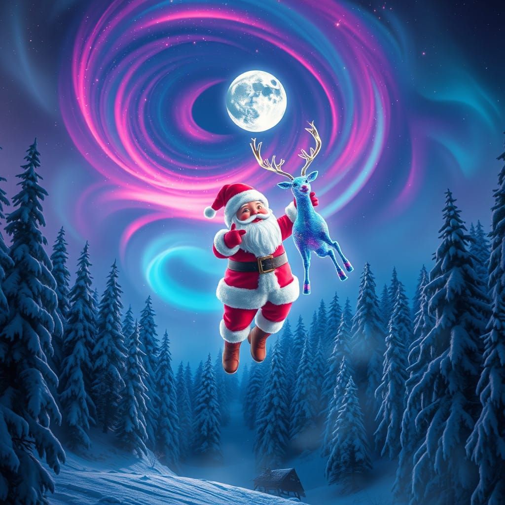 Majestic Santa Claus and Rudolph Under Aurora Borealis