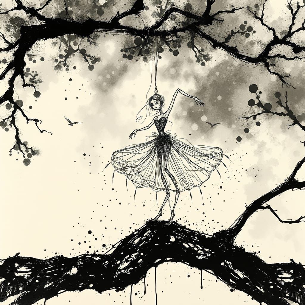 Ink Splatter String Doll Ballet on Branch