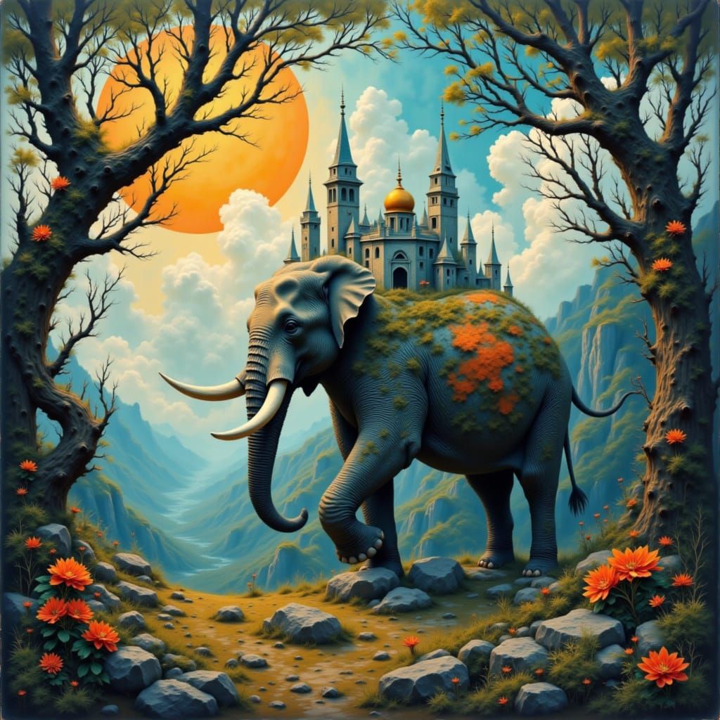 Elephant Builds Castle in Ethereal Forest as Rococo Painting