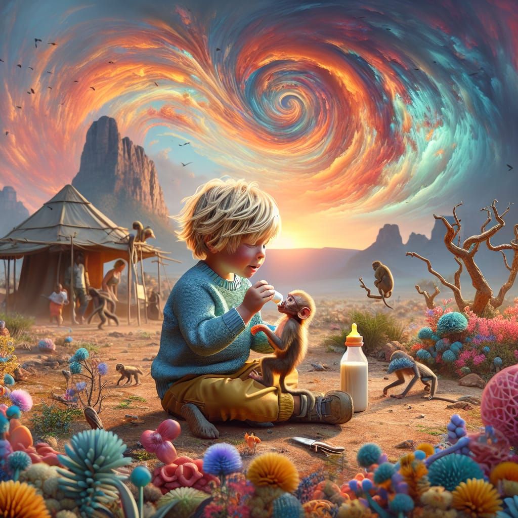 little boy feeting a a monkey cub with a babybottle