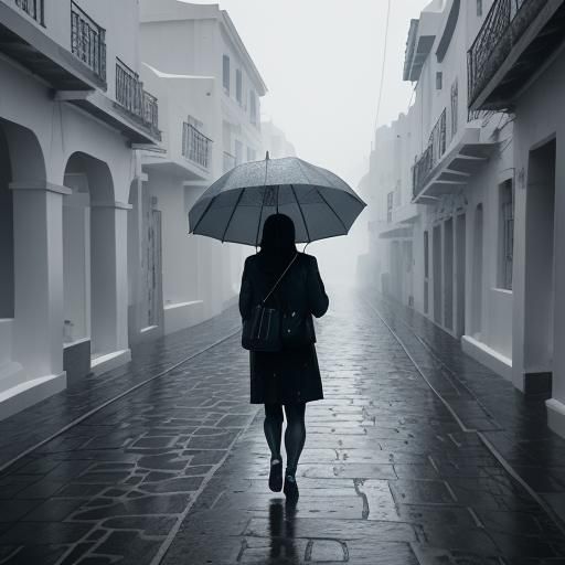 Santorini Tourist in Rain: Monochrome Real Photo
