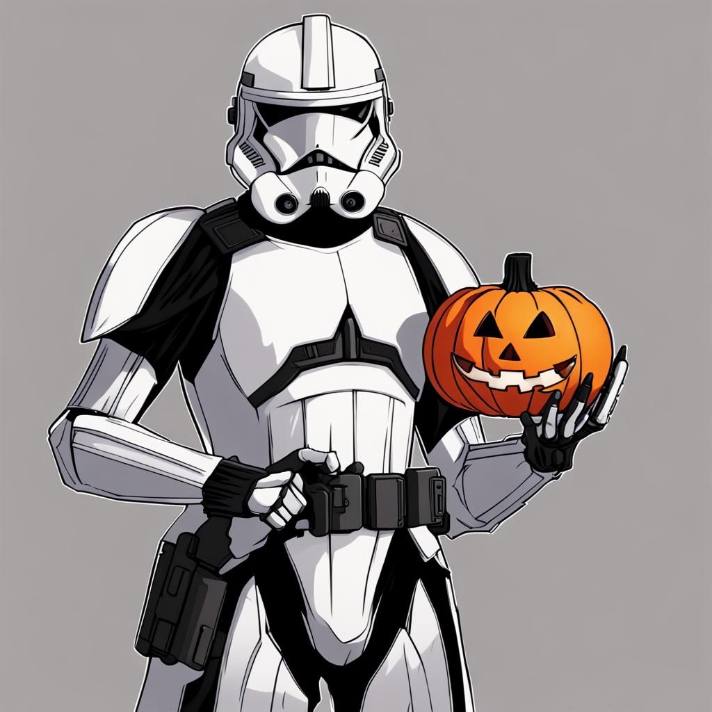 Vampiric Clone Trooper with Jack-o'-Lantern in Anime Style