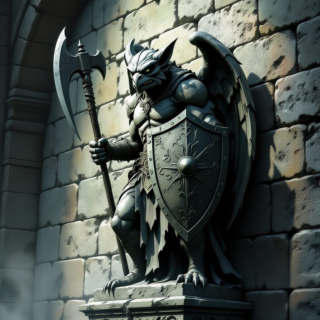 Stone Gargoyle Guardian with Shield and Glaive in Dramatic L...