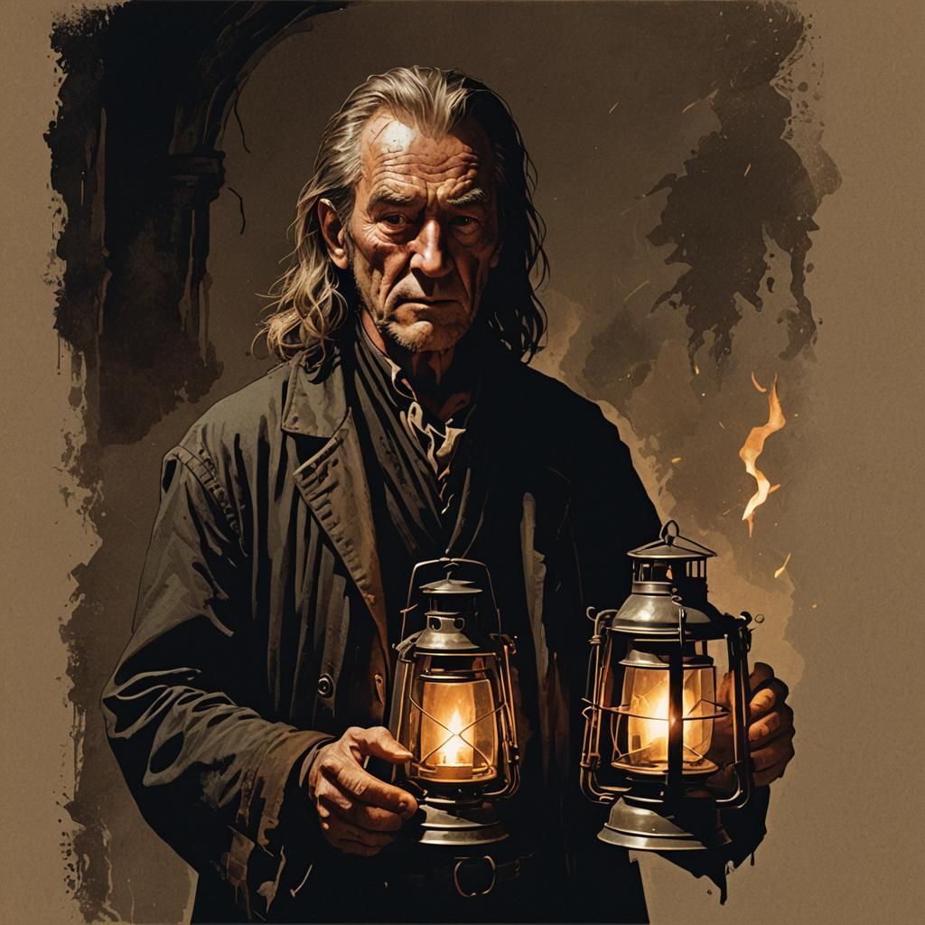 Argus Filch in Dark Room with Medieval Lantern