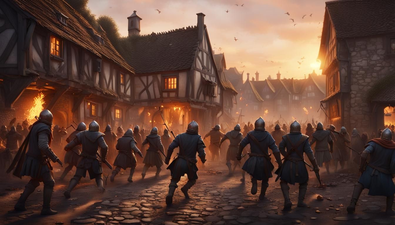 Medieval Village Riot at Sunset in Detailed Matte Painting