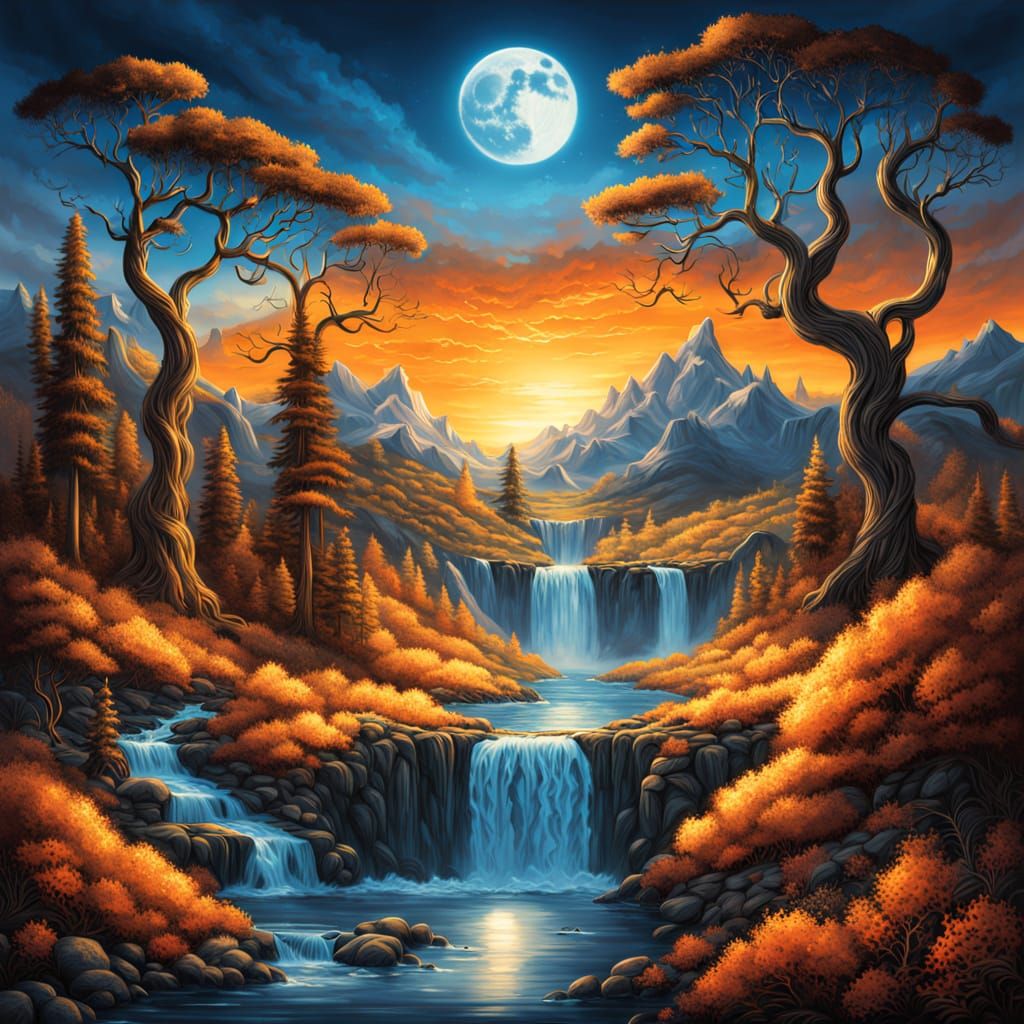 Surreal Moonlight Waterfall Landscape