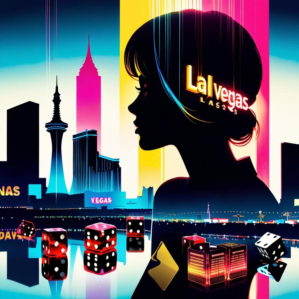 Las Vegas Double Exposure Silhouette in Watercolor Style