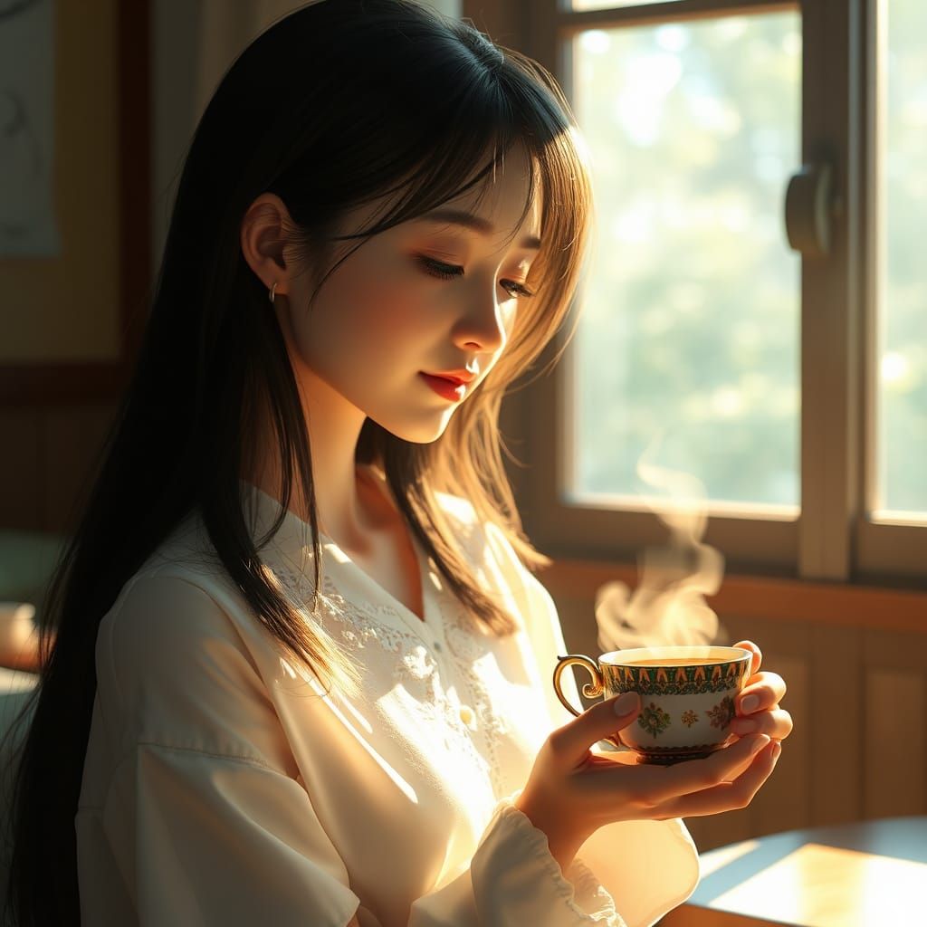 Woman Enjoying Coffee in Morning Sunlight: 3D Anime Art