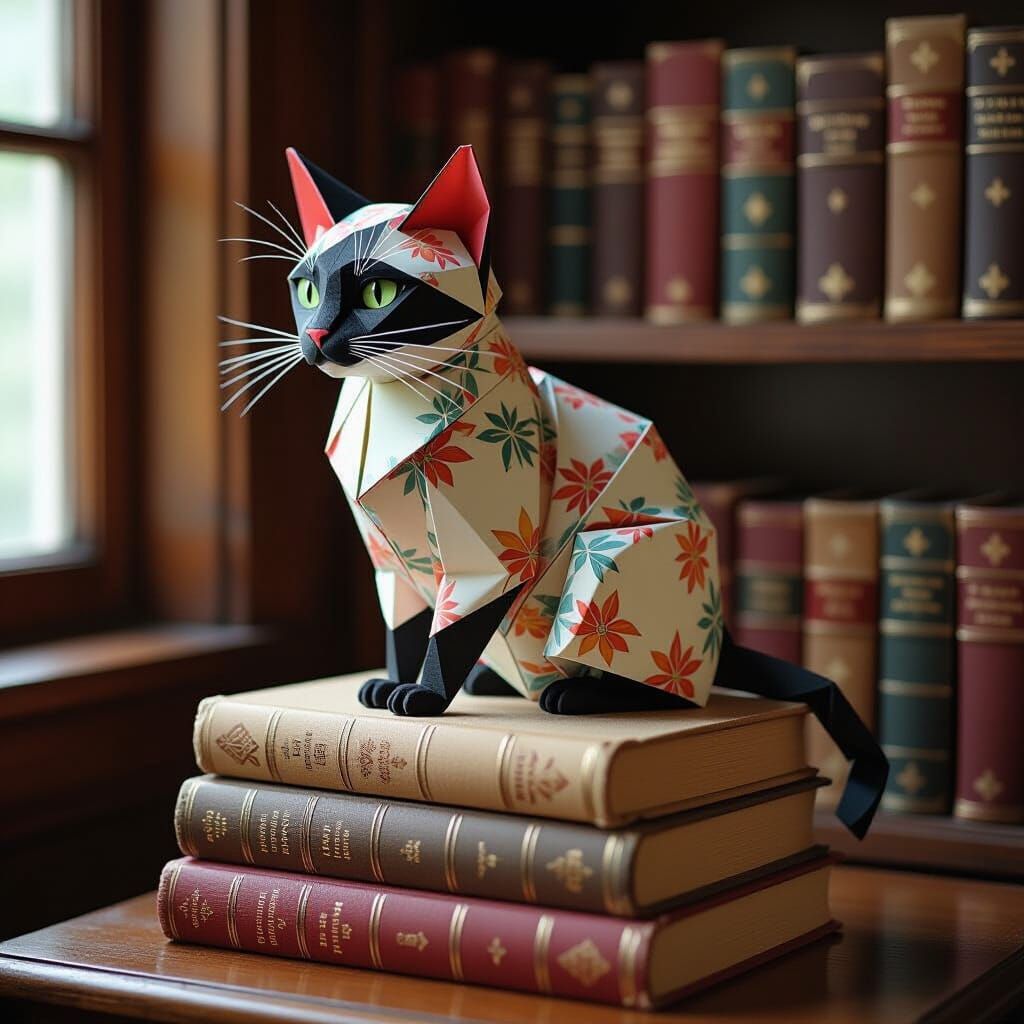 Origami Siamese Cat on Antique Books