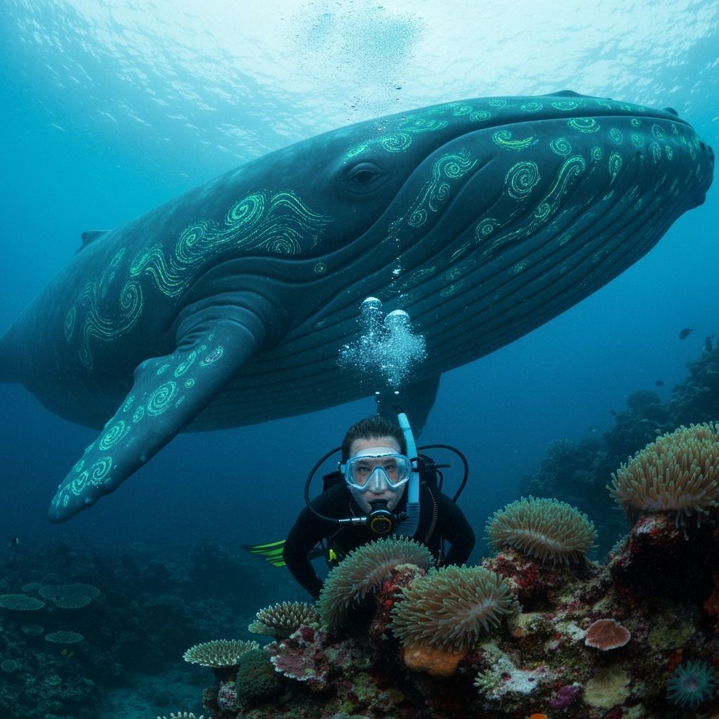 Bioluminescent Whale Encounter in Vibrant Coral Reef