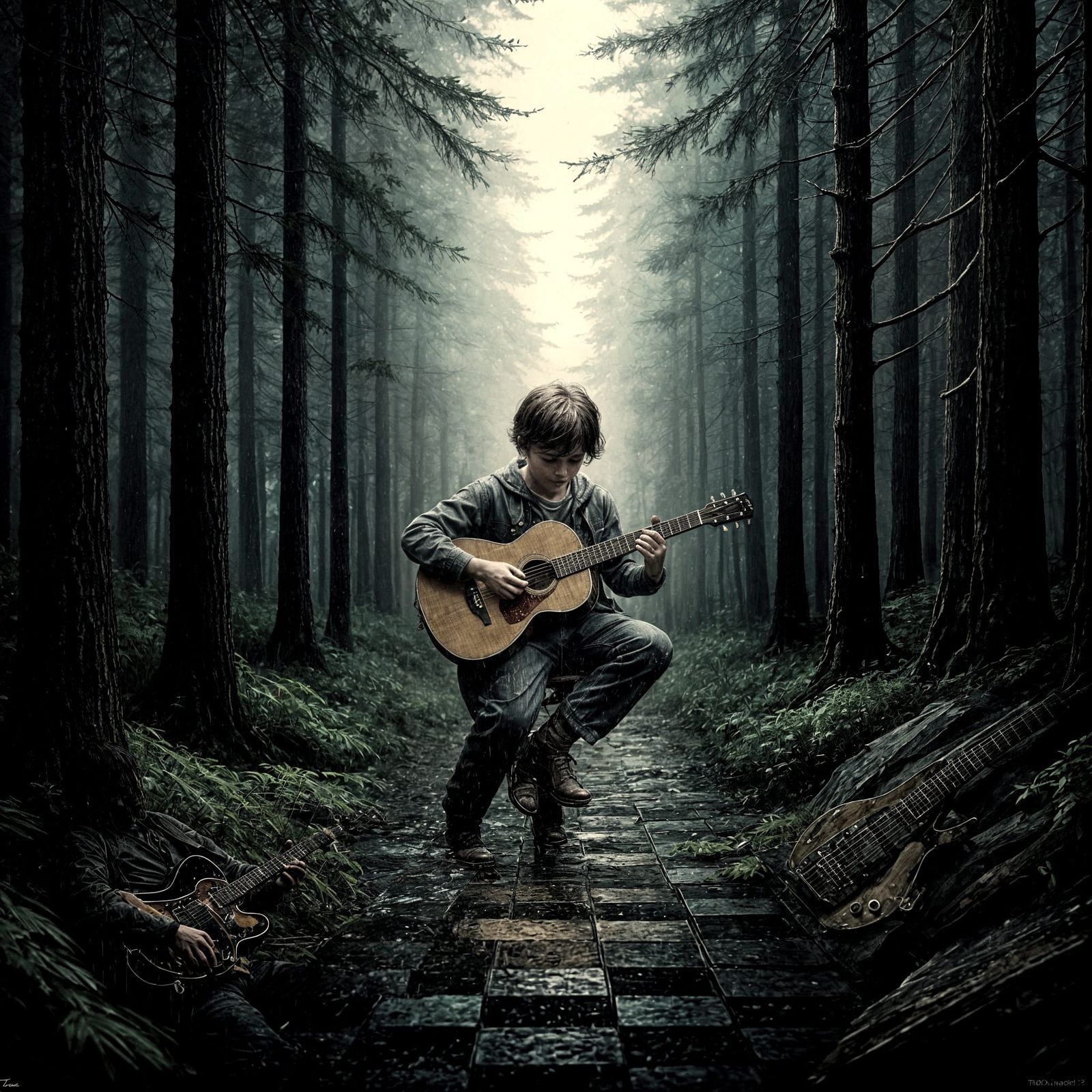 Boy Playing Guitar in Forest, Impressionist Oil Painting