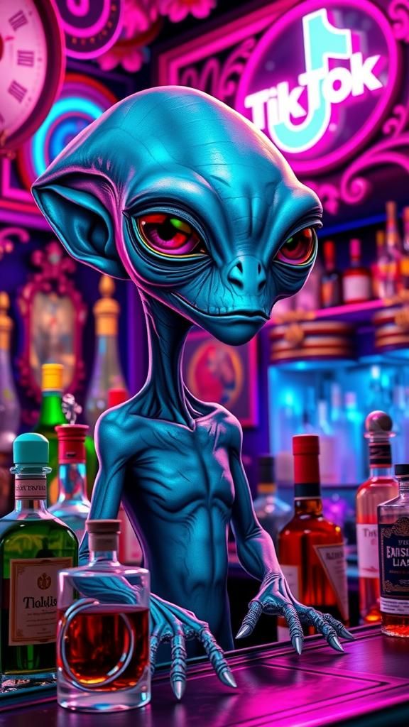 Grey Alien at Ornate Bar in Digital Art Style