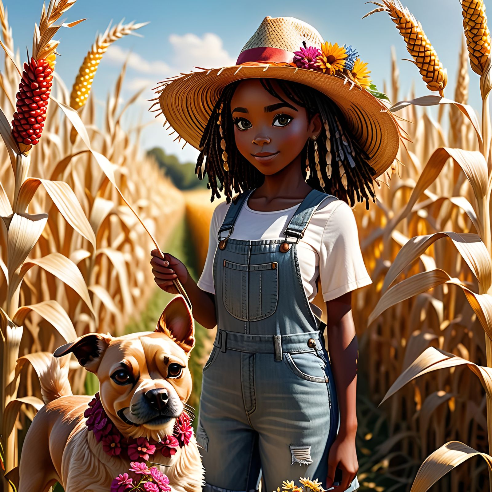 Girl with Scarecrow in Cornfield