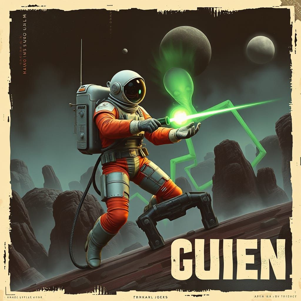 Retro Sci-Fi Astronaut Battles Alien