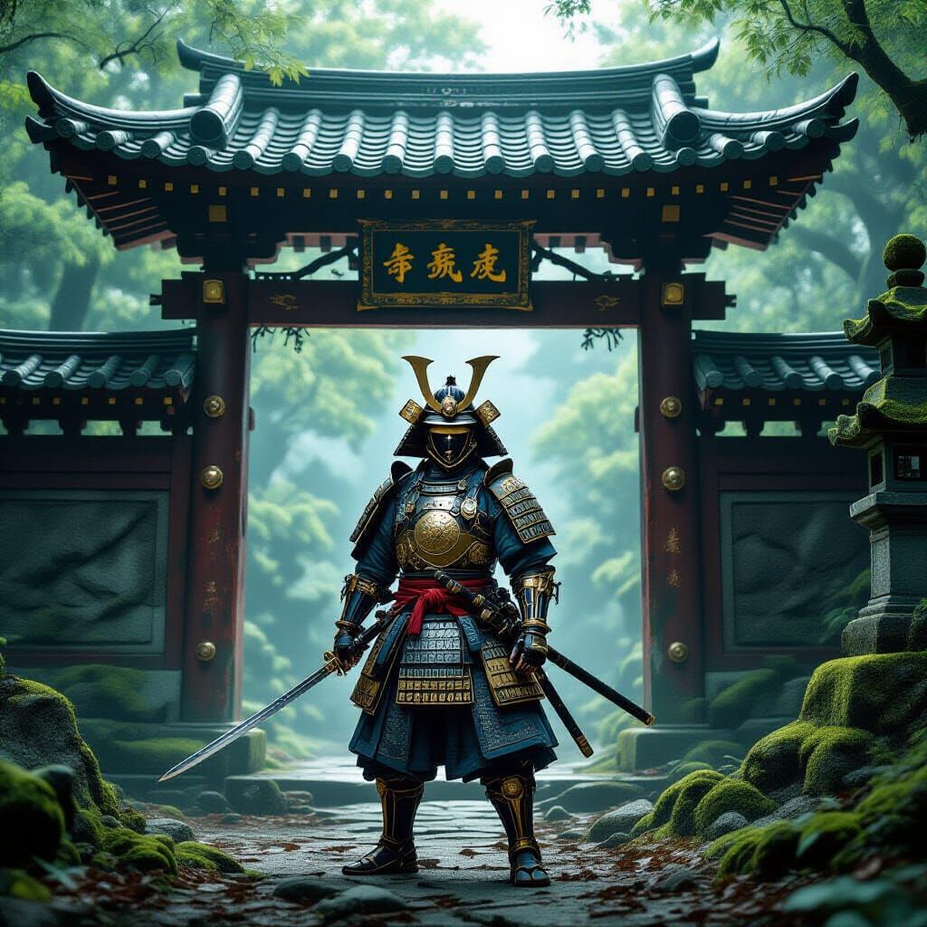 Steampunk Samurai Guarding Ancient Temple in Mystical Forest