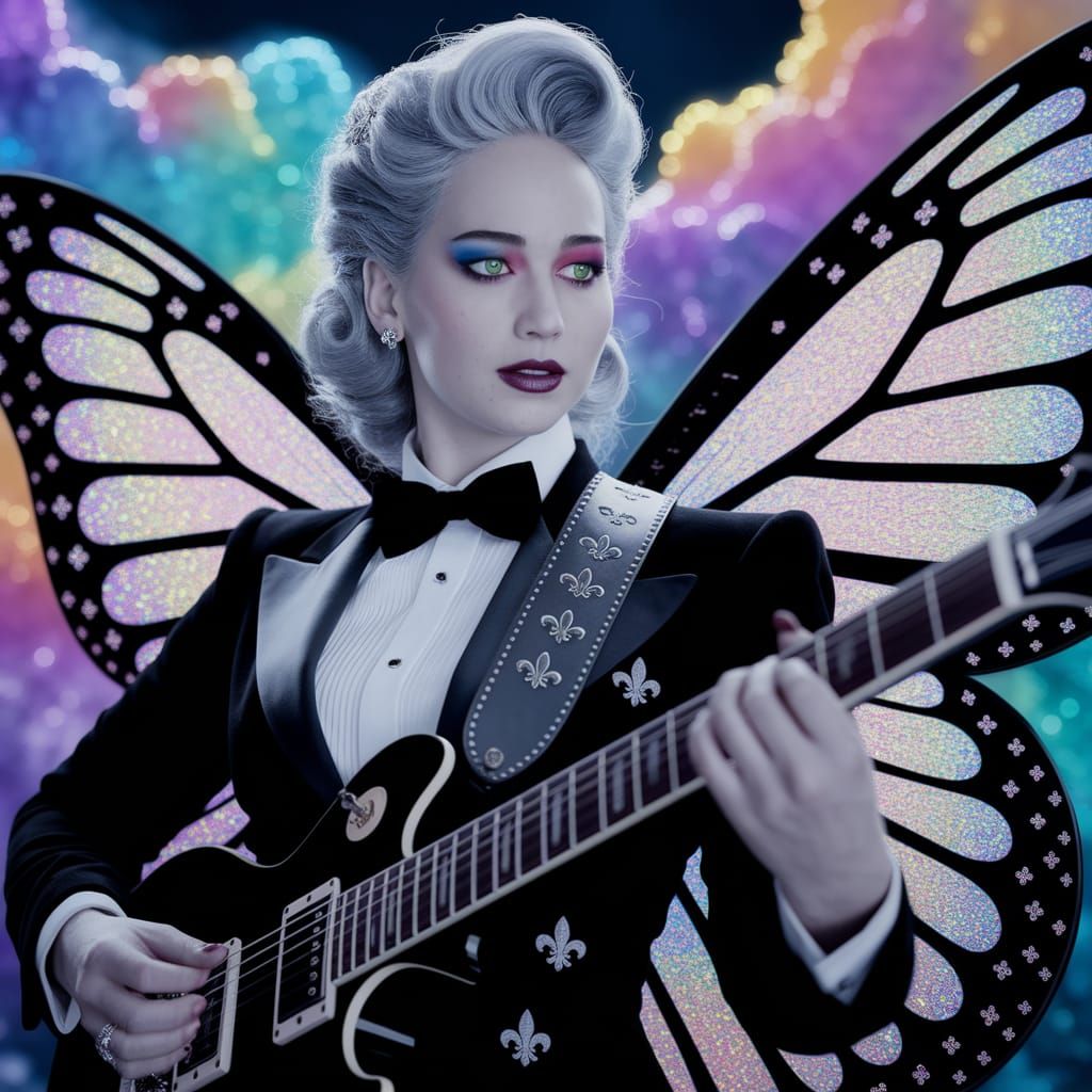 Gothic Rockstar Jennifer Lawrence in Tuxedo with Butterfly W...