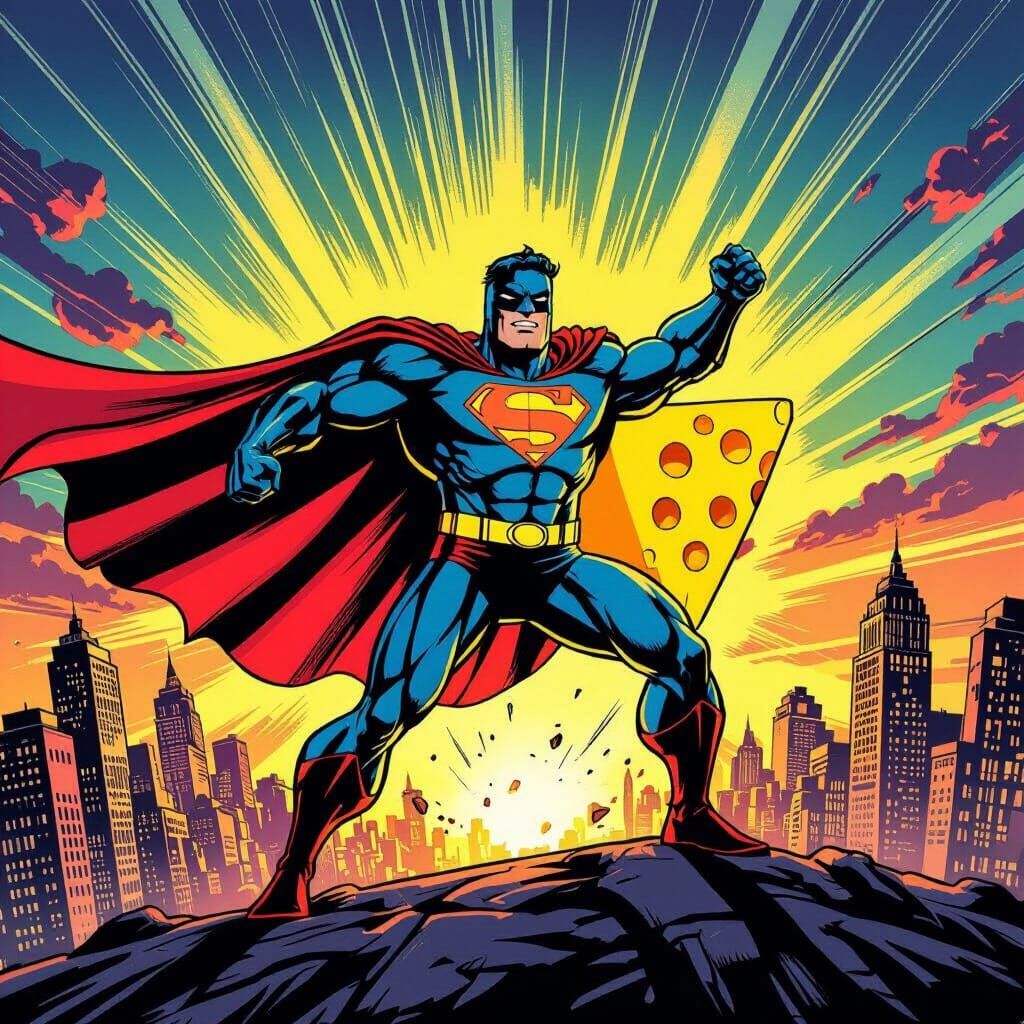 Heroic Cheese Wedge Soars Over Cityscape in Comic Style
