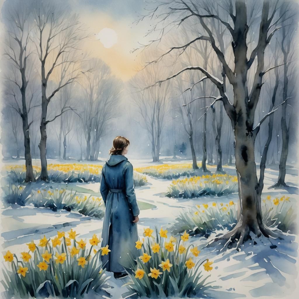 Winter Landscape with Figure in Expressionist Watercolor