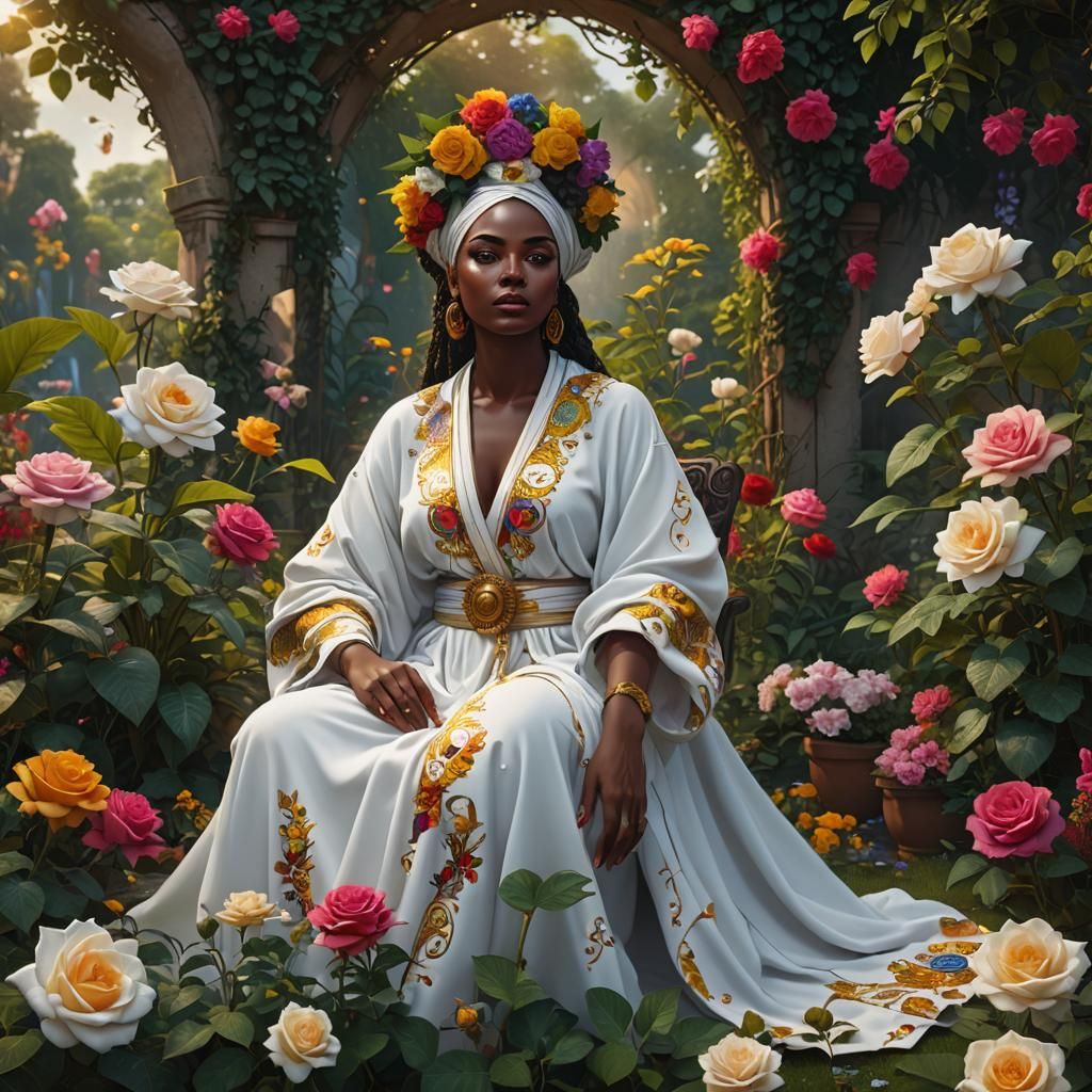 Goddess Oshun in Rose Garden: Surreal Matte Painting