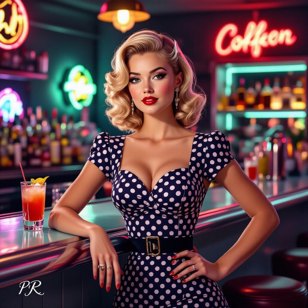 Retro Pin-Up Woman at Cocktail Bar