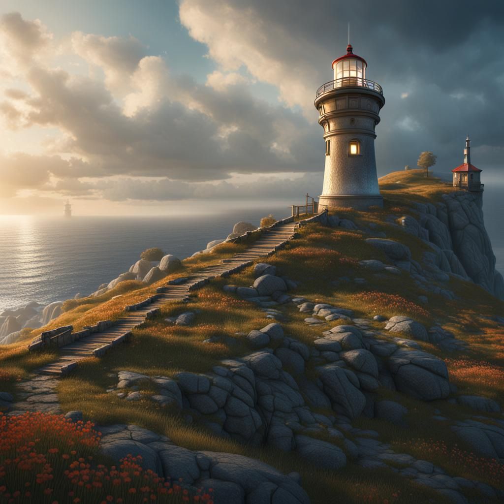 Picturesque Lighthouse on Hillside: Fantasy Concept Art