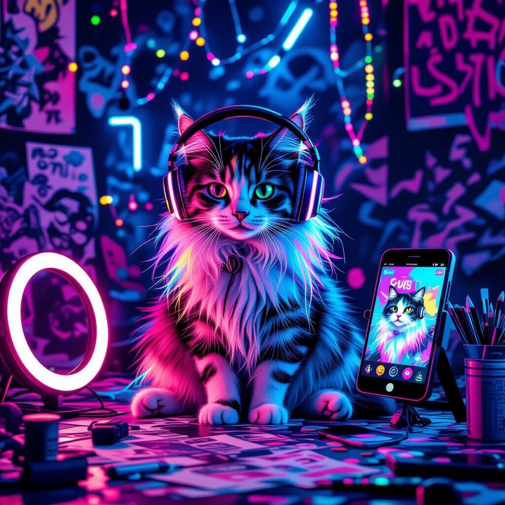 Funky Neon Cat in Glitchcore Gen Z Bedroom