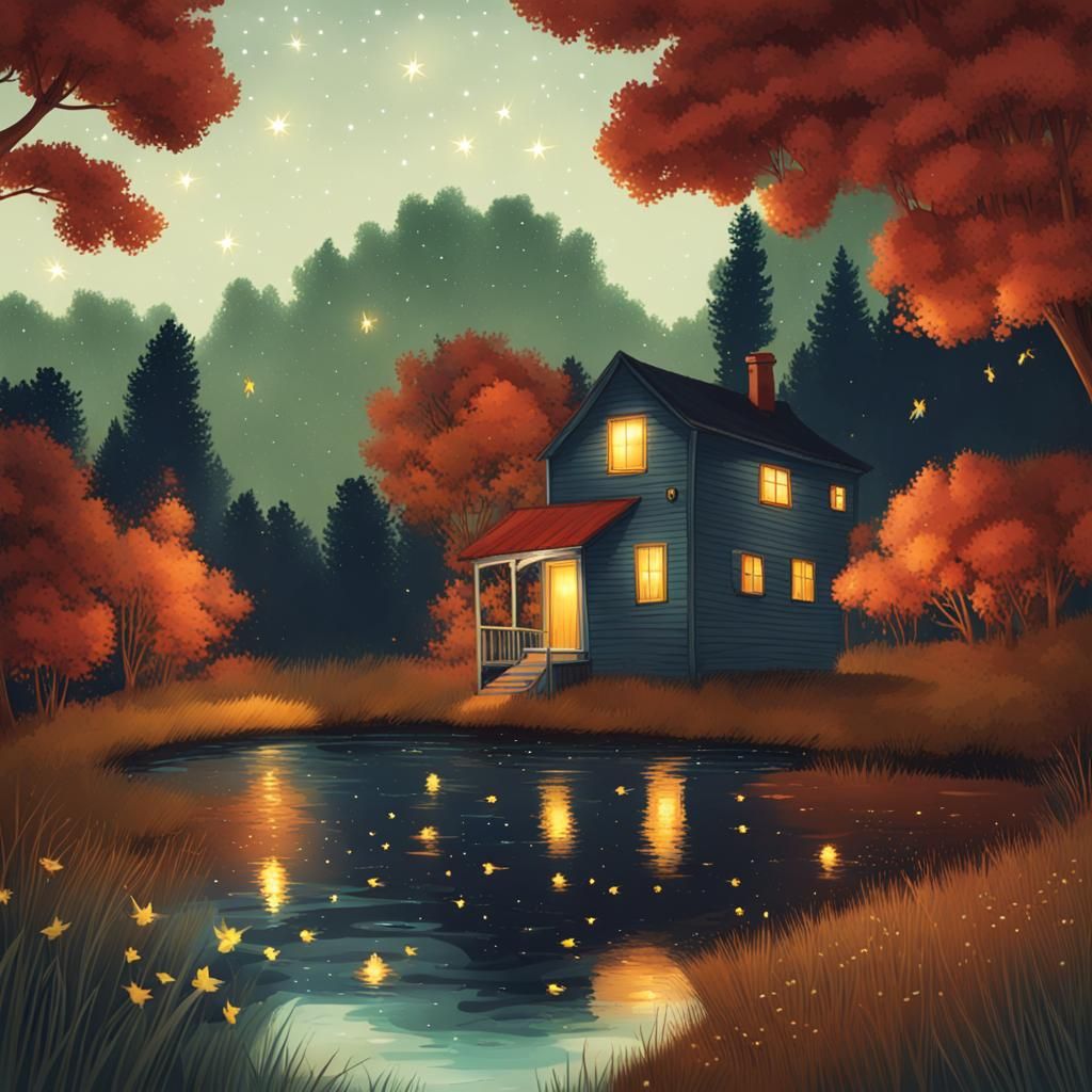 Fireflies Light Autumn Night Sky