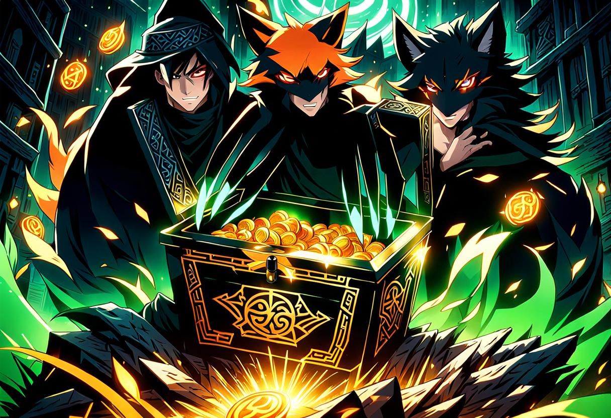 Anime Treasure Scene with Fox Mask and Runes