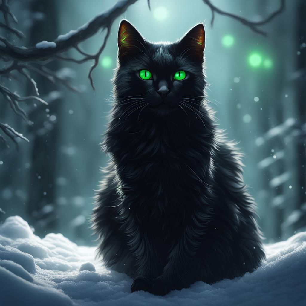 Green-Eyed Black Cat in Winter Snow