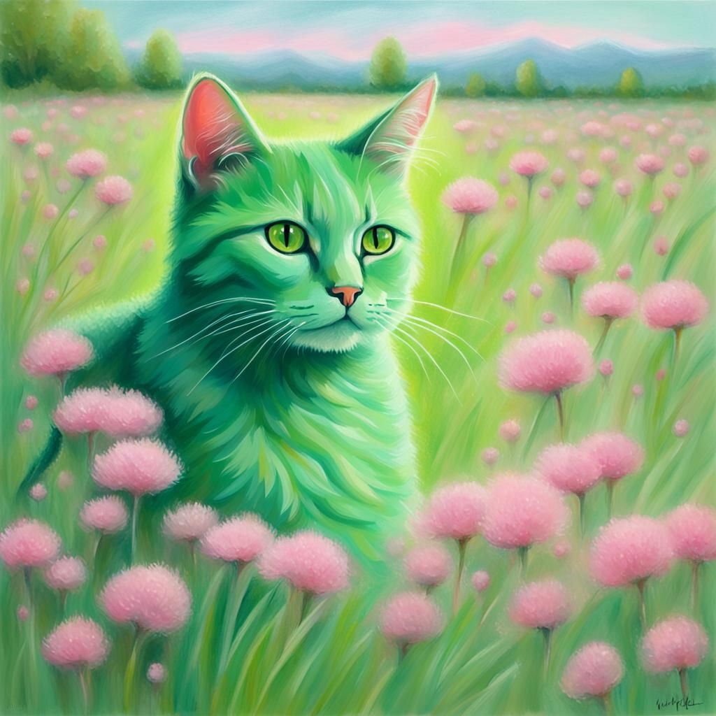 Green Cat on Pink Meadow in Pastel Art