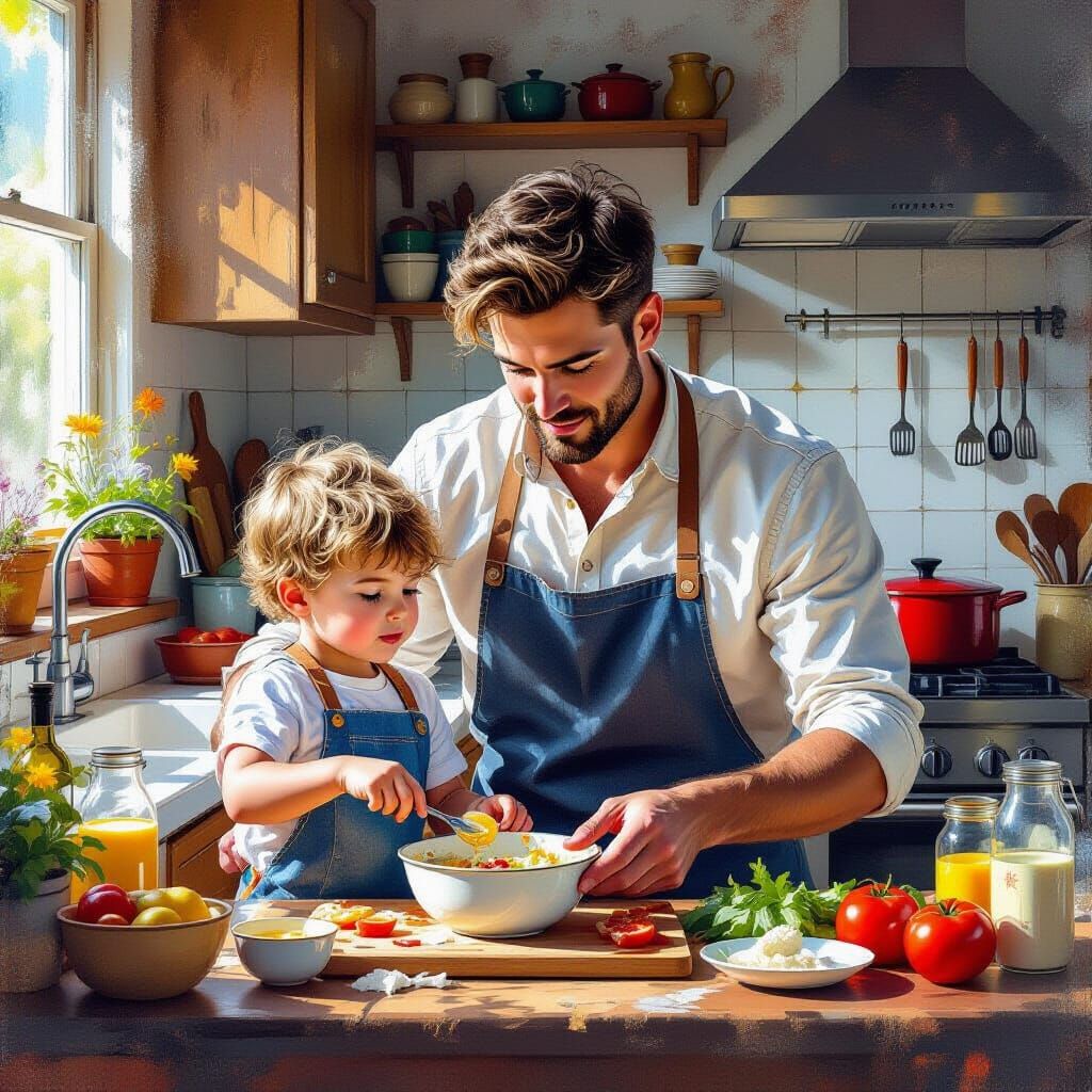 Father and Son Cooking, Fantasy Impasto Illustration