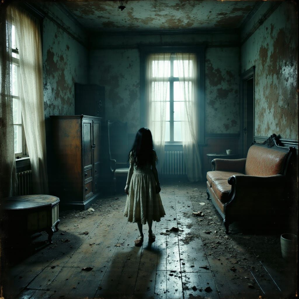 Creepy Orphanage Girl in Dimly Lit Room