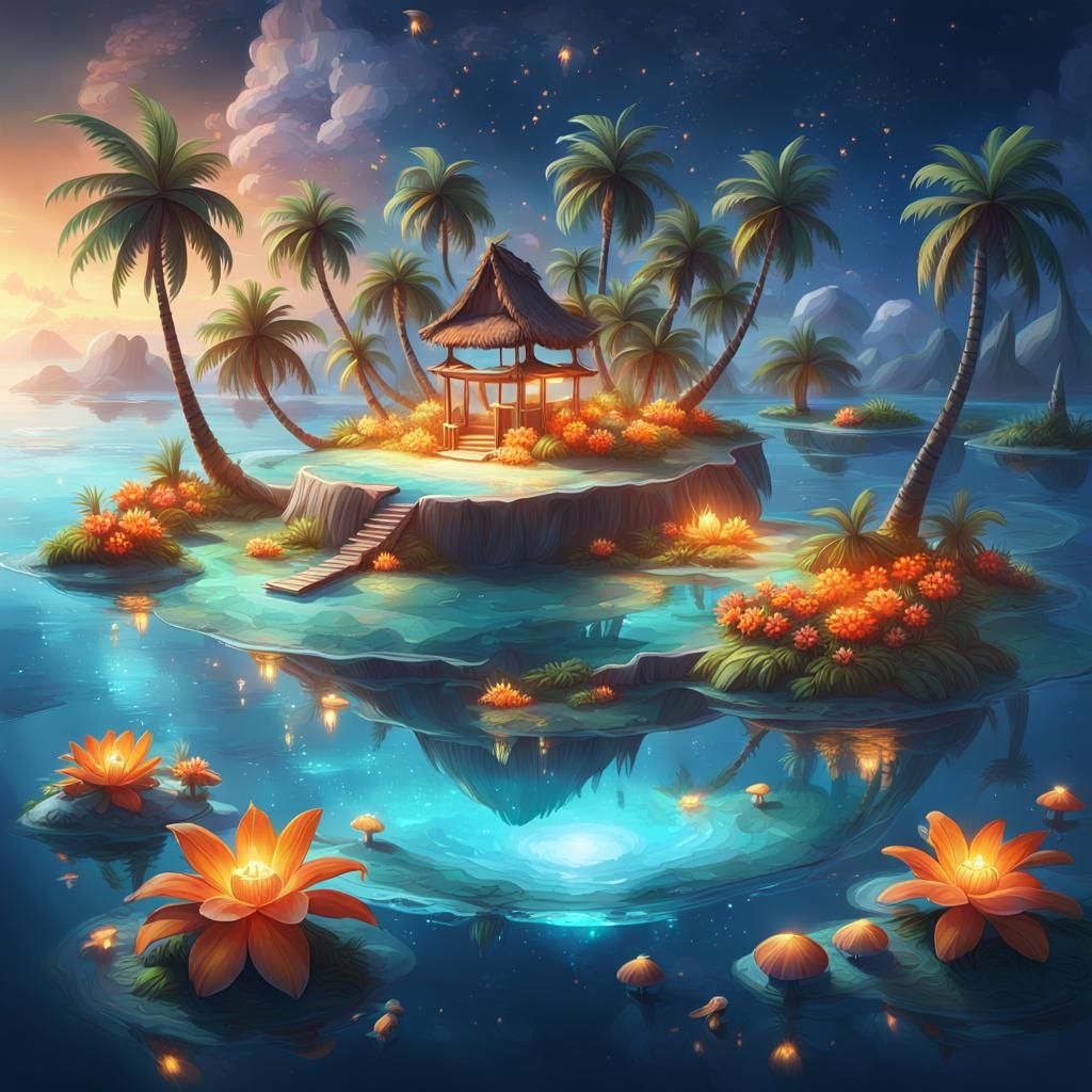 Fantasy Island Floating on a Coconut, Matte Painting