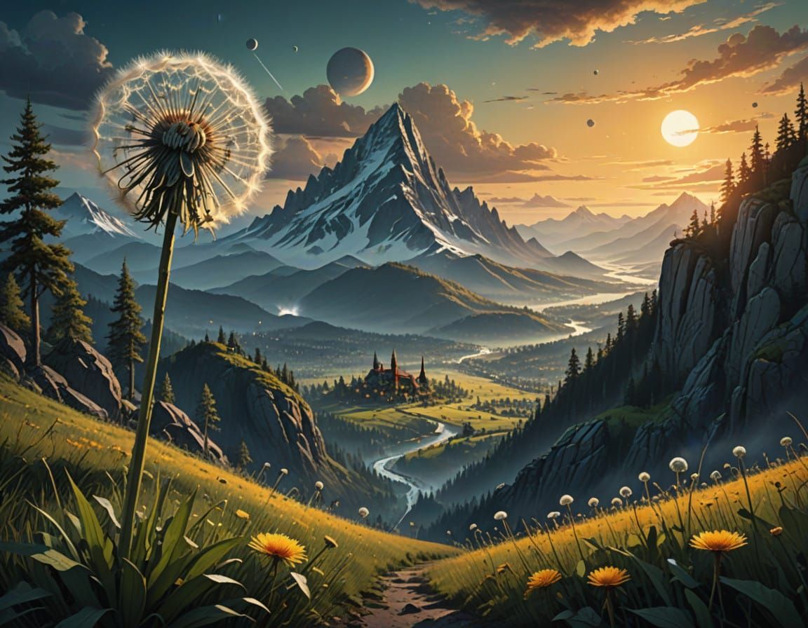 Luminous Dandelion Sails Above Fantastical Cityscape with Th...