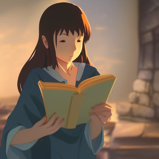 A mage girl reading a spell book trying to learn a spell